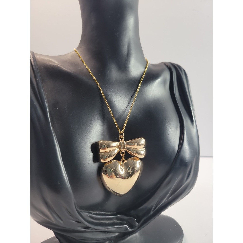 Vintage Style Gold Tone Puffy Heart Bow Pendant Necklace Statement Jewelry